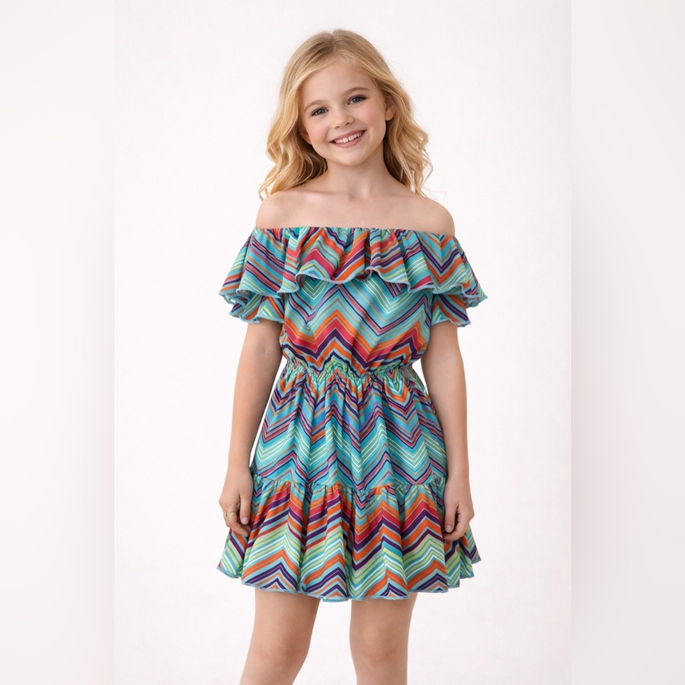 Boutique Submarine Girls Chevron Off-Shoulder Swim Cover-up Dress 8 16 NWT